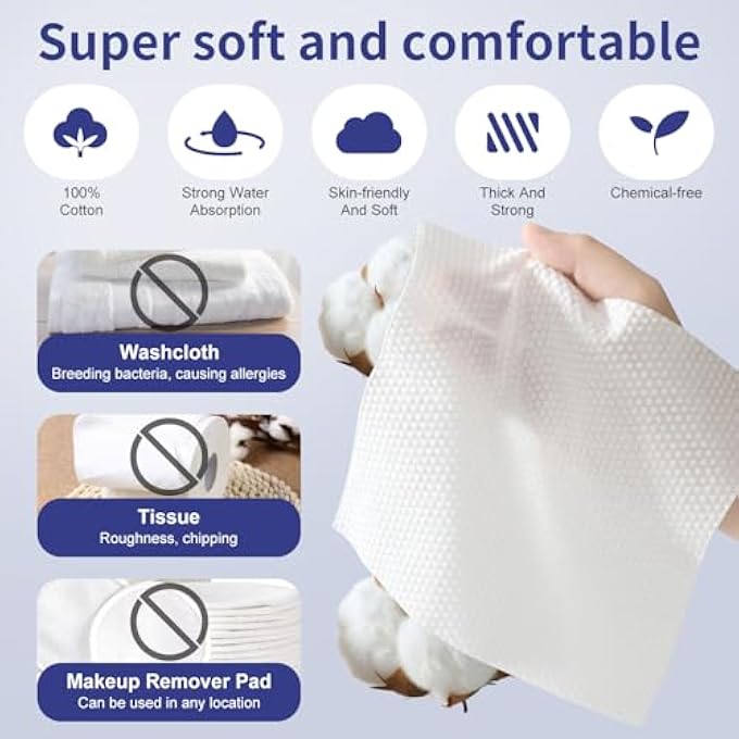 Mcherry DISPOSABLE FACE CLOTHS FOR WASHING, 100% COTTON FACIAL WIPES, TOWEL LINT FREE, SOFT DRY WIPE FACIAL TISSUE, FOR CLEANING MAKEUP REMOVING OFFICE OUTDOOR (WHITE, 20 * 20 * 2PCS) - Image 3